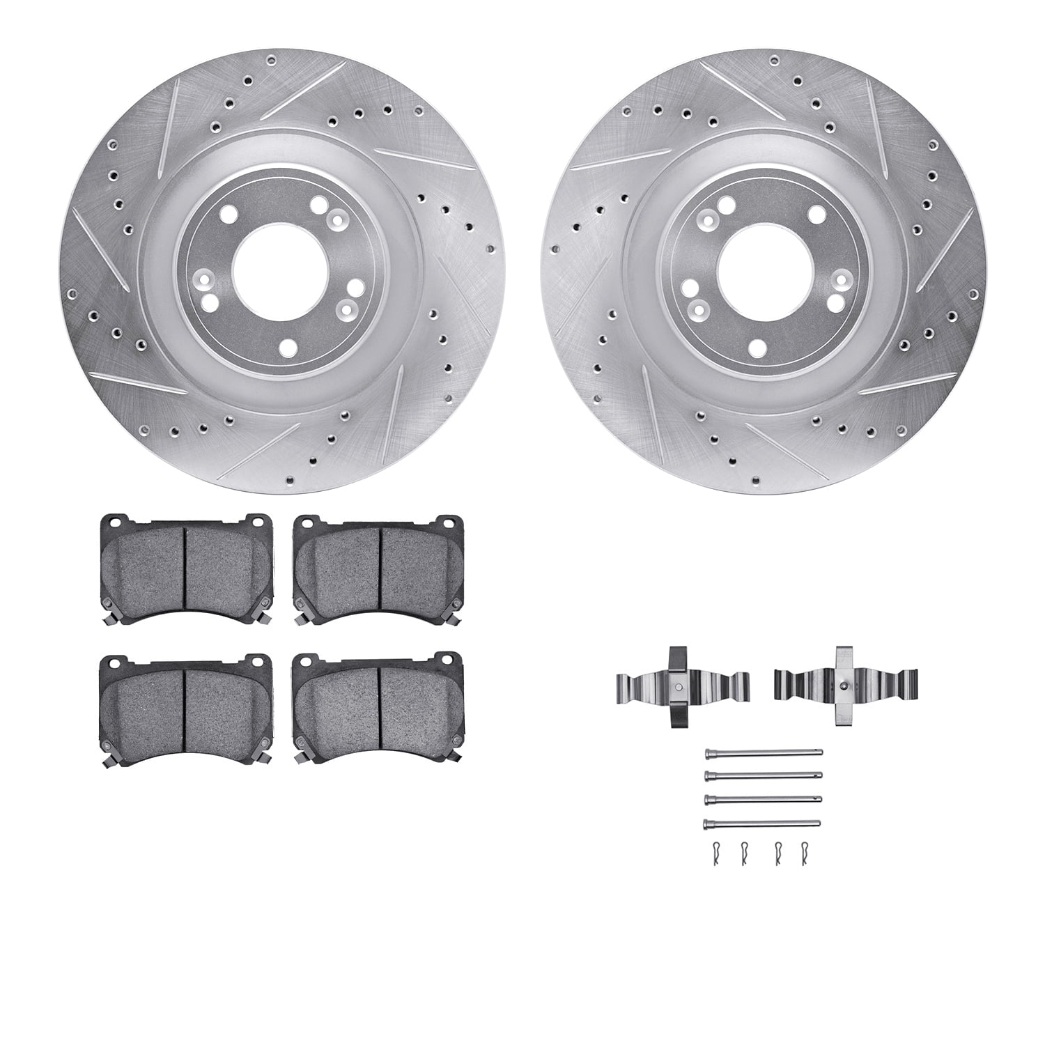 Dynamic Friction Company Front Brake Rotors-Drilled and Slotted-Silver with 5000 Advanced Brake Pads includes Hardware 7512-03069