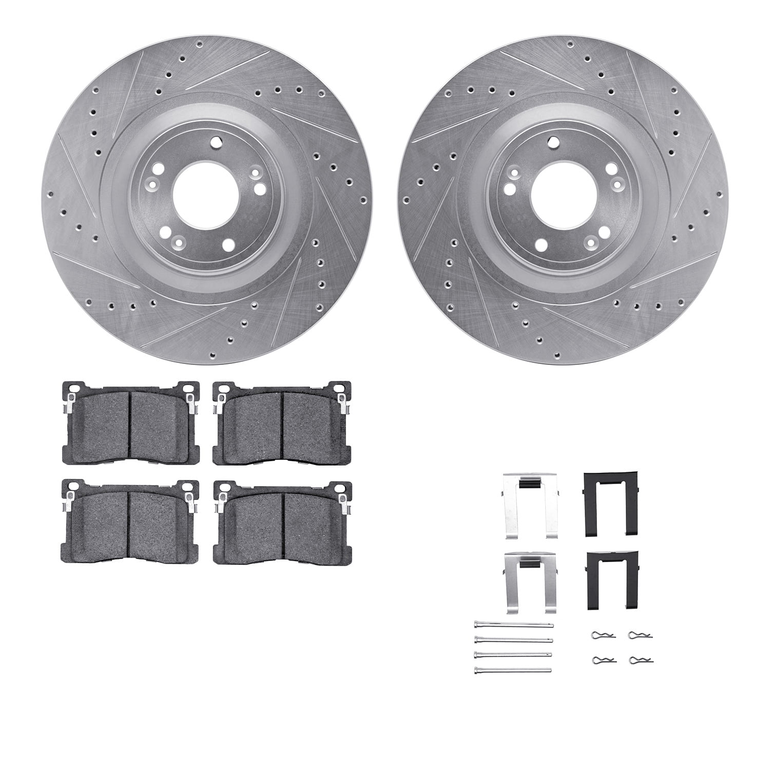 Dynamic Friction Company Front Brake Rotors-Drilled and Slotted-Silver with 5000 Advanced Brake Pads includes Hardware 7512-03086