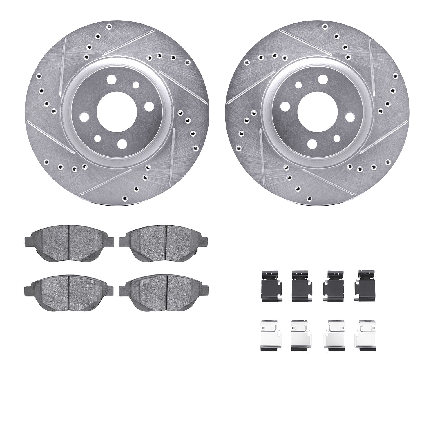 Dynamic Friction Company Front Brake Rotors-Drilled and Slotted-Silver with 5000 Advanced Brake Pads includes Hardware 7512-07004