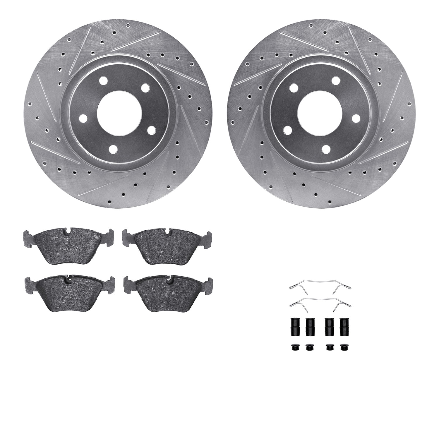 Dynamic Friction Company Front Brake Rotors-Drilled and Slotted-Silver with 5000 Advanced Brake Pads includes Hardware 7512-20007