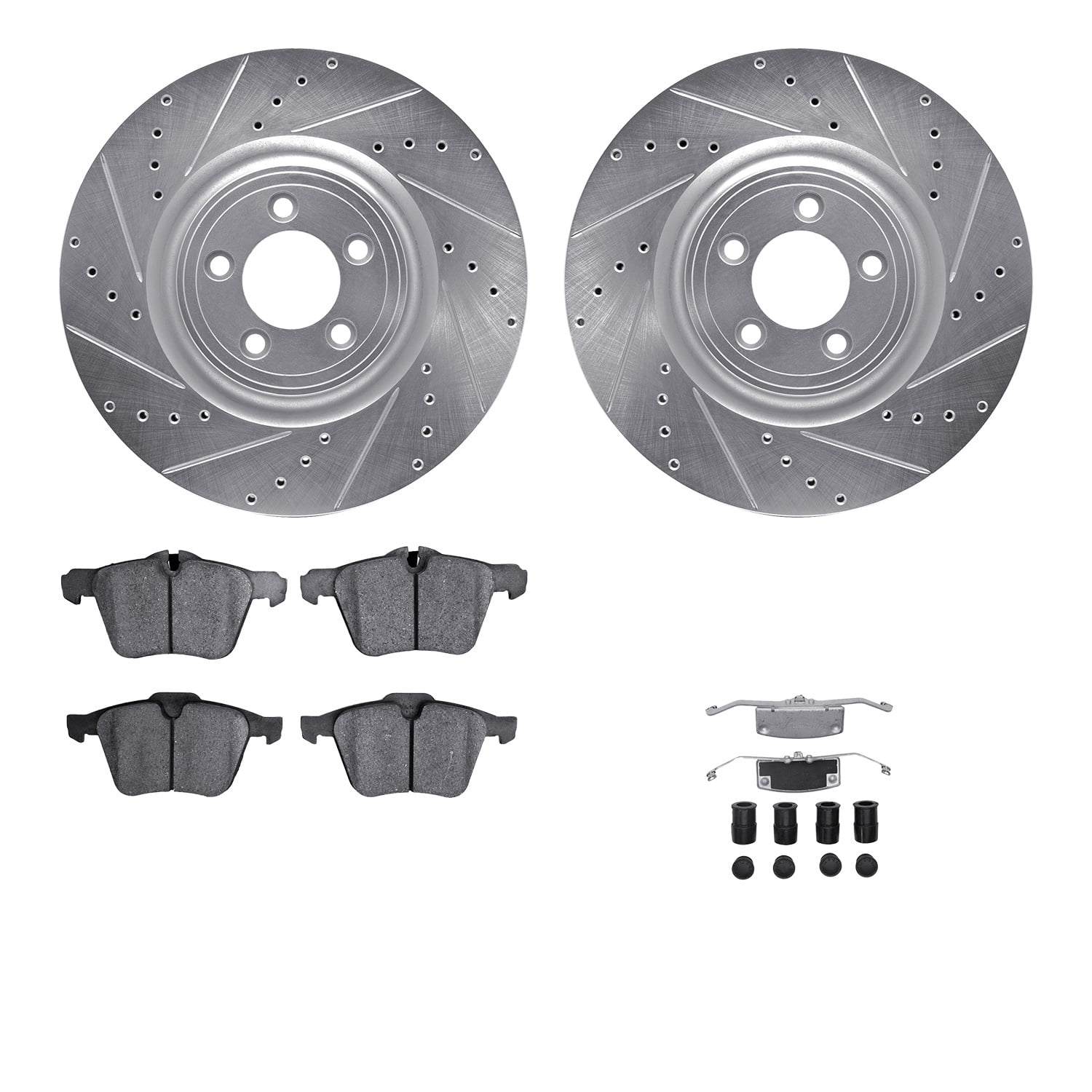 Dynamic Friction Company Front Brake Rotors-Drilled and Slotted-Silver with 5000 Advanced Brake Pads includes Hardware 7512-20017