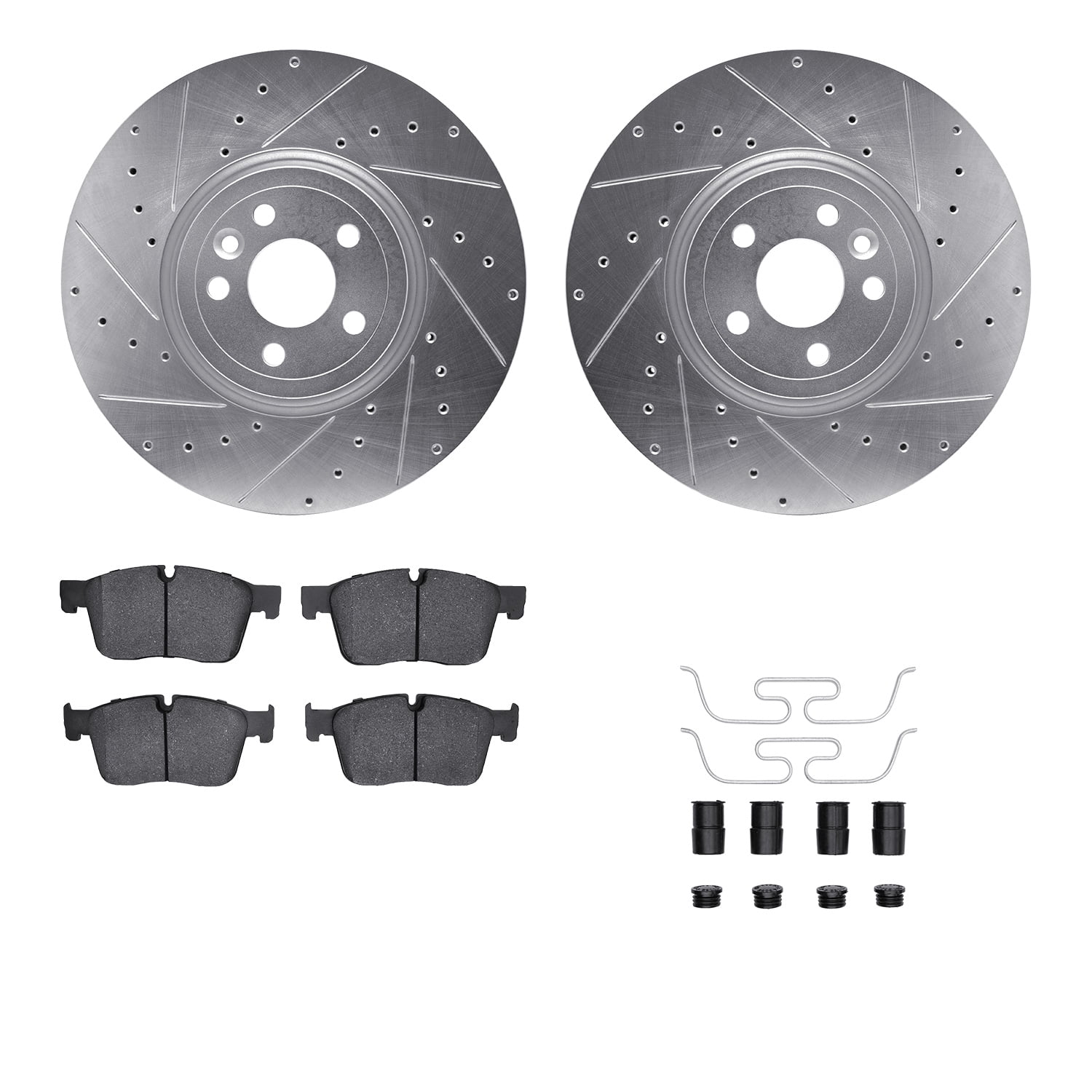 Dynamic Friction Company Front Brake Rotors-Drilled and Slotted-Silver with 5000 Advanced Brake Pads includes Hardware 7512-20029