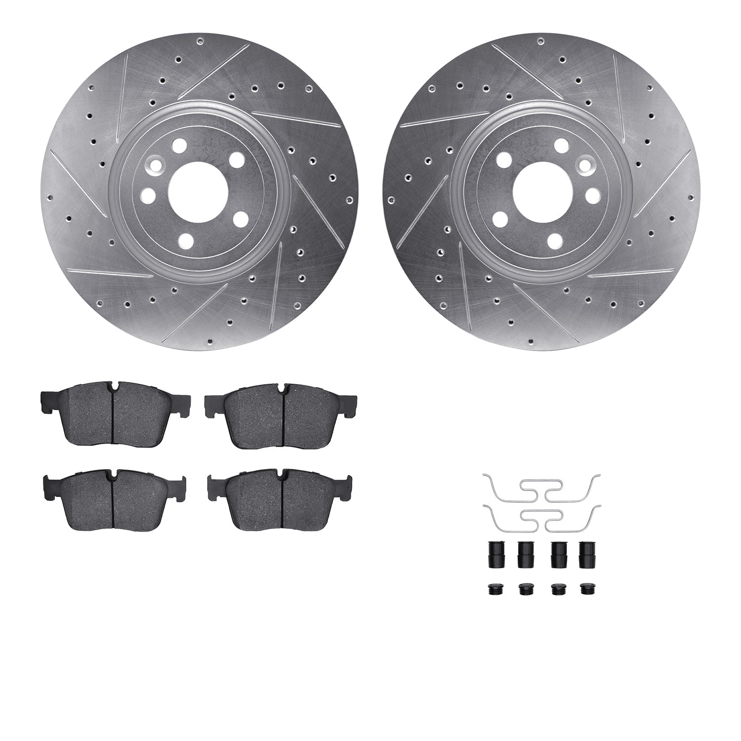 Dynamic Friction Company Front Brake Rotors-Drilled and Slotted-Silver with 5000 Advanced Brake Pads includes Hardware 7512-20030