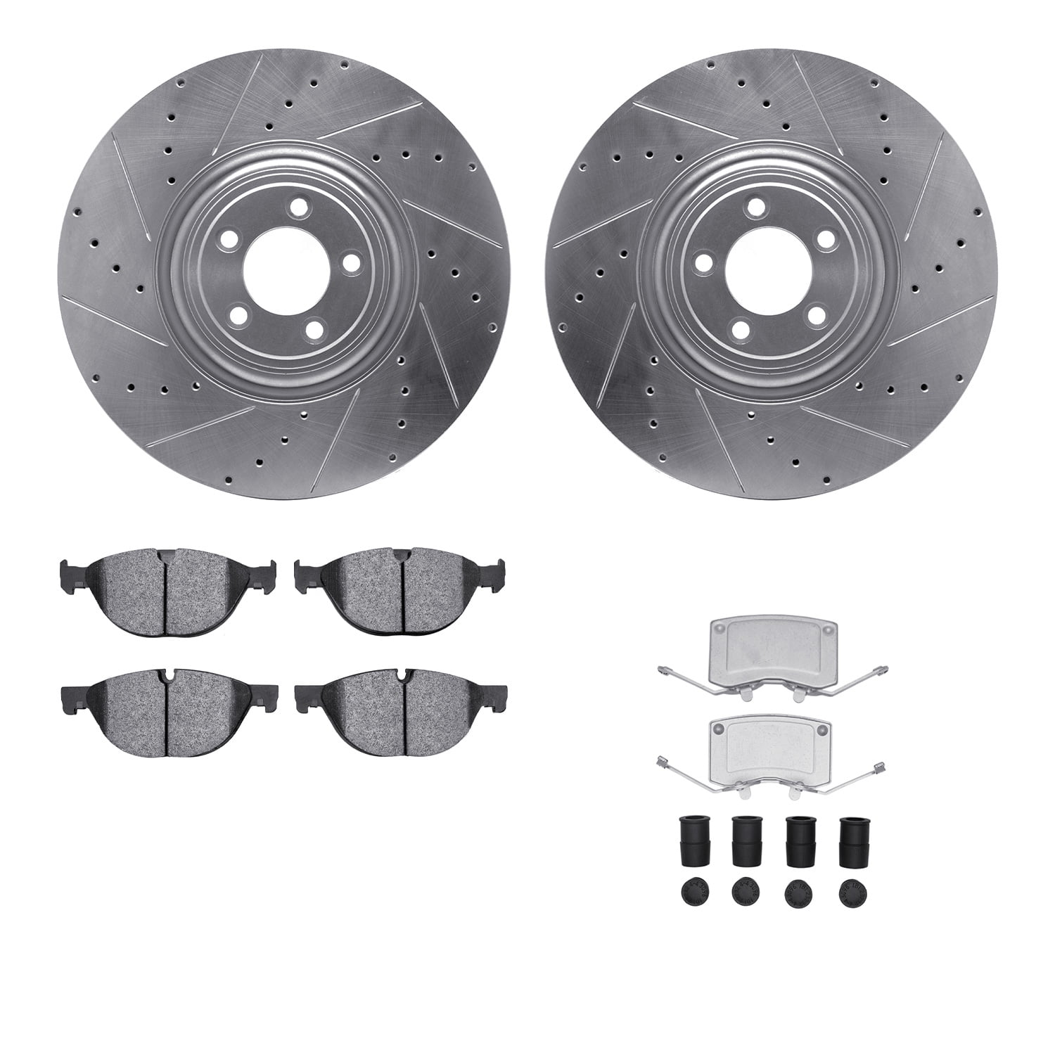 Dynamic Friction Company Front Brake Rotors-Drilled and Slotted-Silver with 5000 Advanced Brake Pads includes Hardware 7512-20119