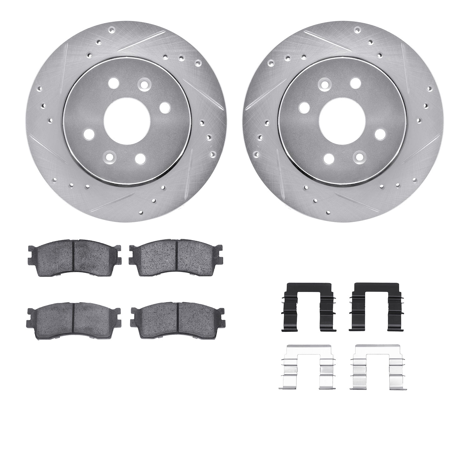 Dynamic Friction Company Front Brake Rotors-Drilled and Slotted-Silver with 5000 Advanced Brake Pads includes Hardware 7512-21004