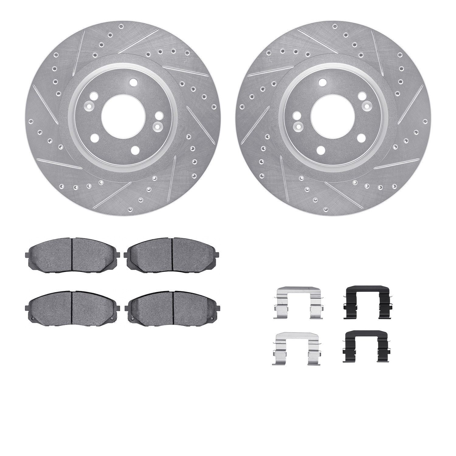 Dynamic Friction Company Front Brake Rotors-Drilled and Slotted-Silver with 5000 Advanced Brake Pads includes Hardware 7512-21037