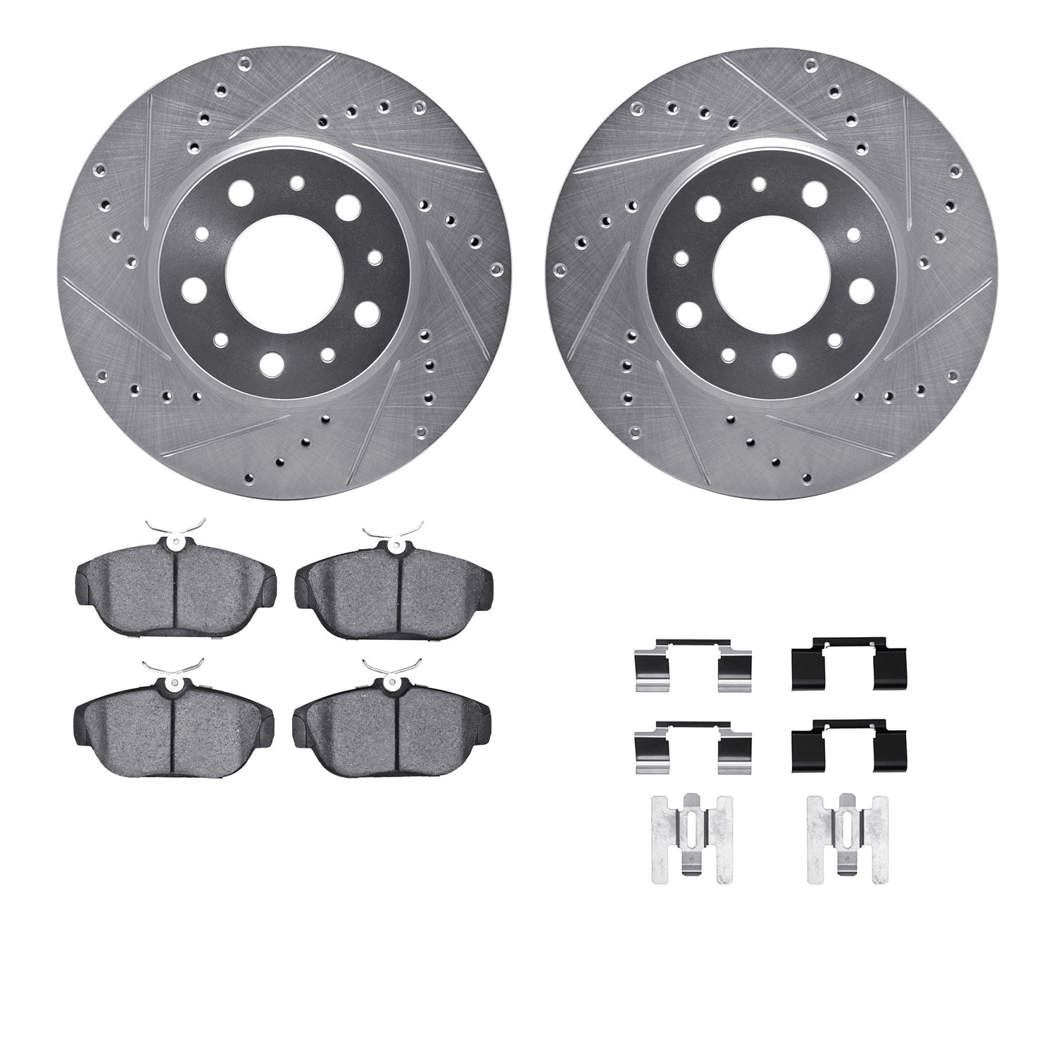 Dynamic Friction Company Front Brake Rotors-Drilled and Slotted-Silver with 5000 Advanced Brake Pads includes Hardware 7512-27018