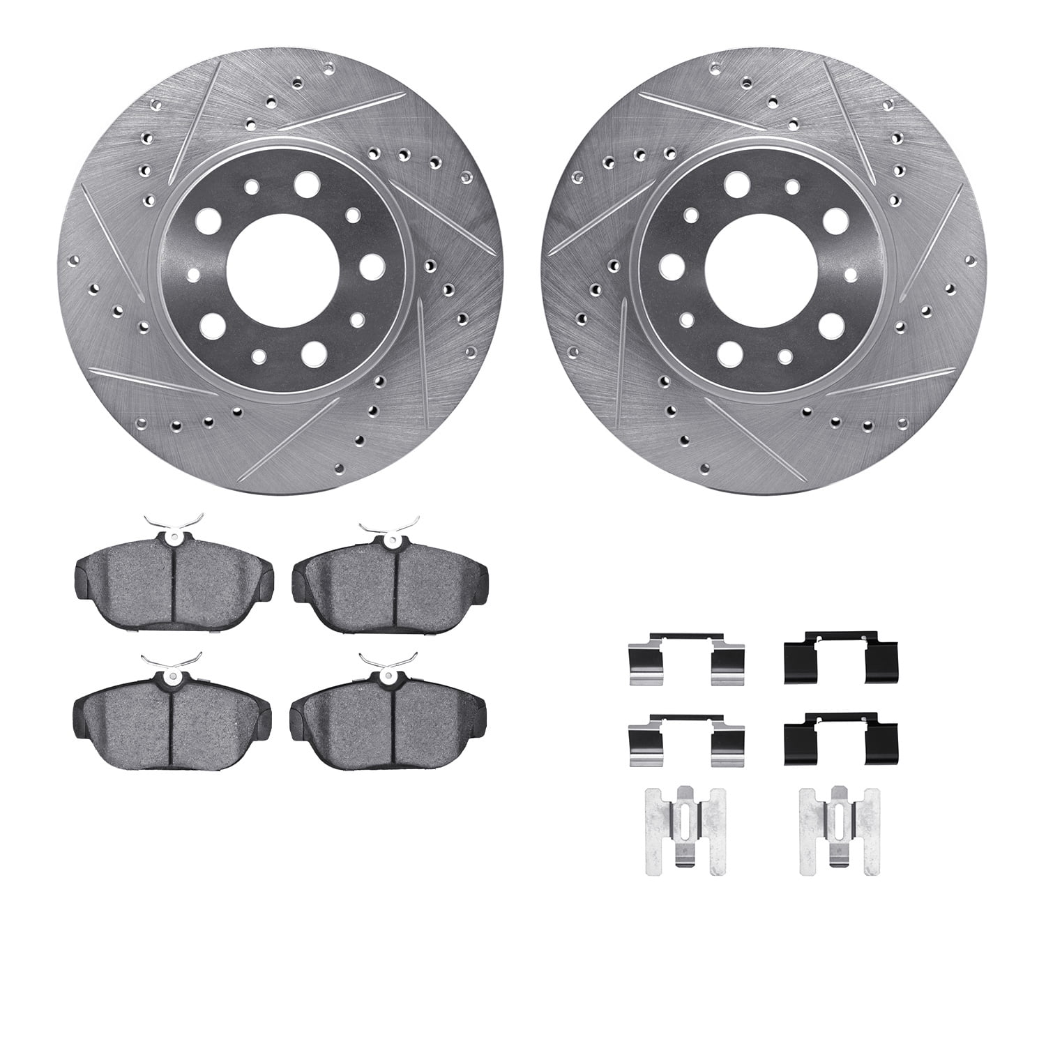 Dynamic Friction Company Front Brake Rotors-Drilled and Slotted-Silver with 5000 Advanced Brake Pads includes Hardware 7512-27021