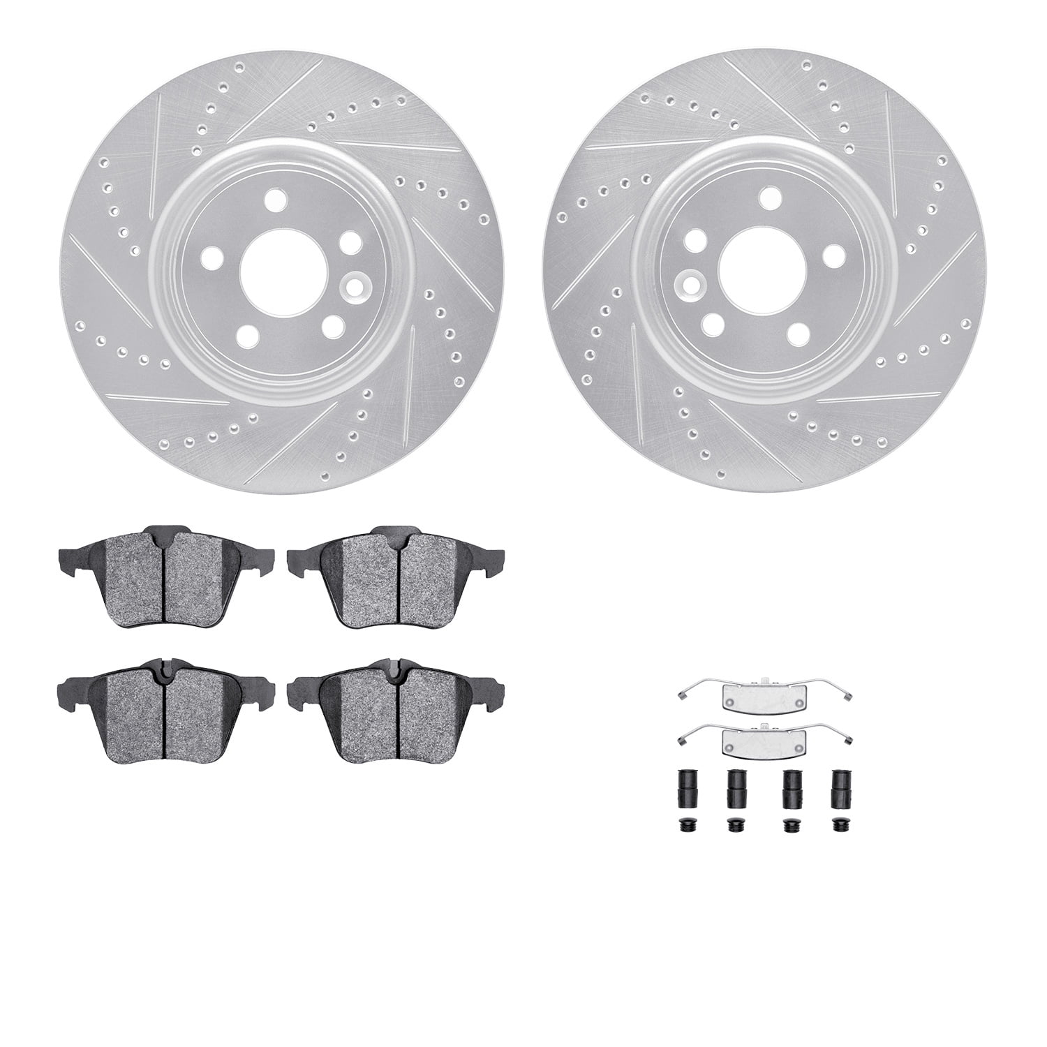 Dynamic Friction Company Front Brake Rotors-Drilled and Slotted-Silver with 5000 Advanced Brake Pads includes Hardware 7512-27045