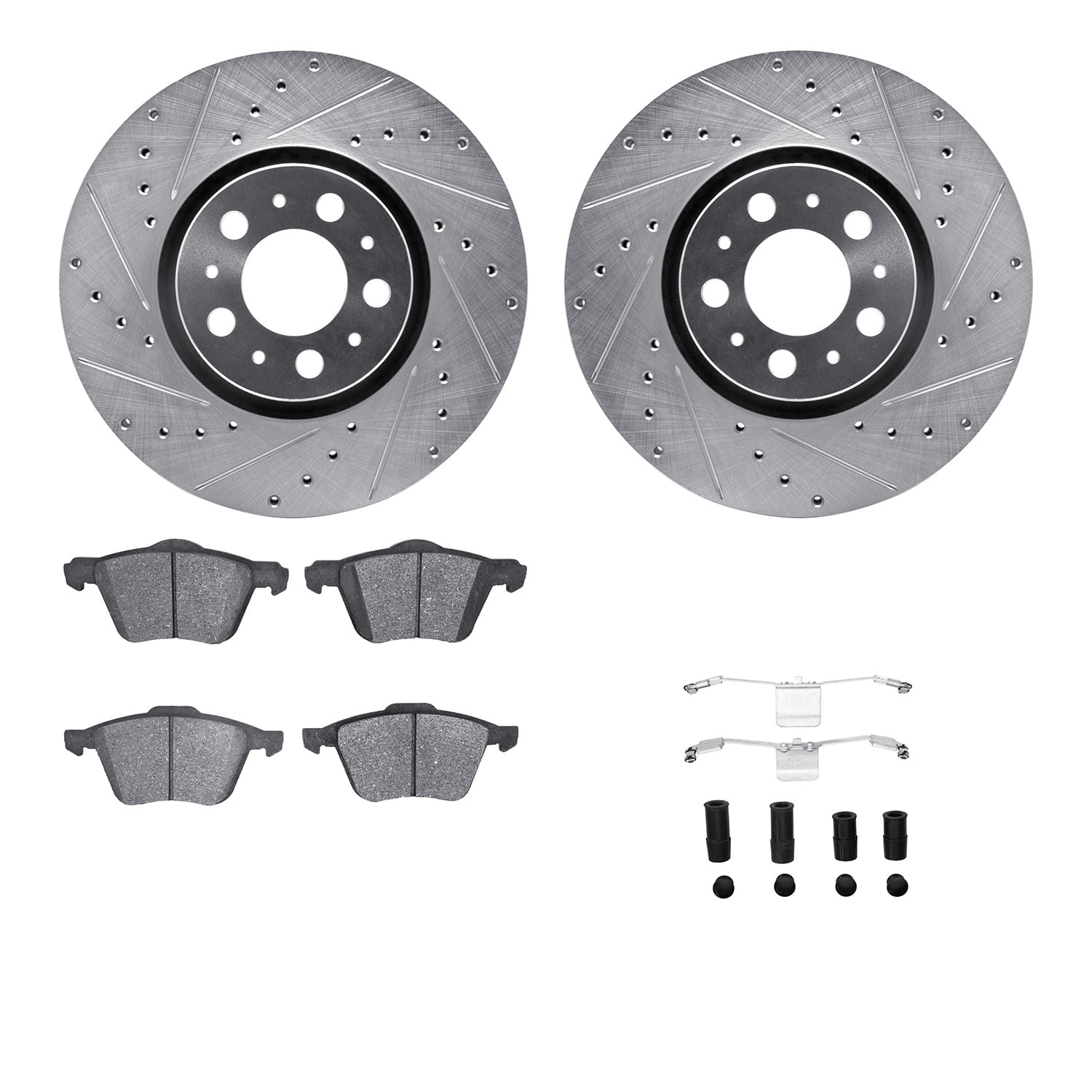 Dynamic Friction Company Front Brake Rotors-Drilled and Slotted-Silver with 5000 Advanced Brake Pads includes Hardware 7512-27052