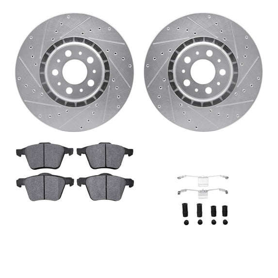 Dynamic Friction Company Front Brake Rotors-Drilled and Slotted-Silver with 5000 Advanced Brake Pads includes Hardware 7512-27055
