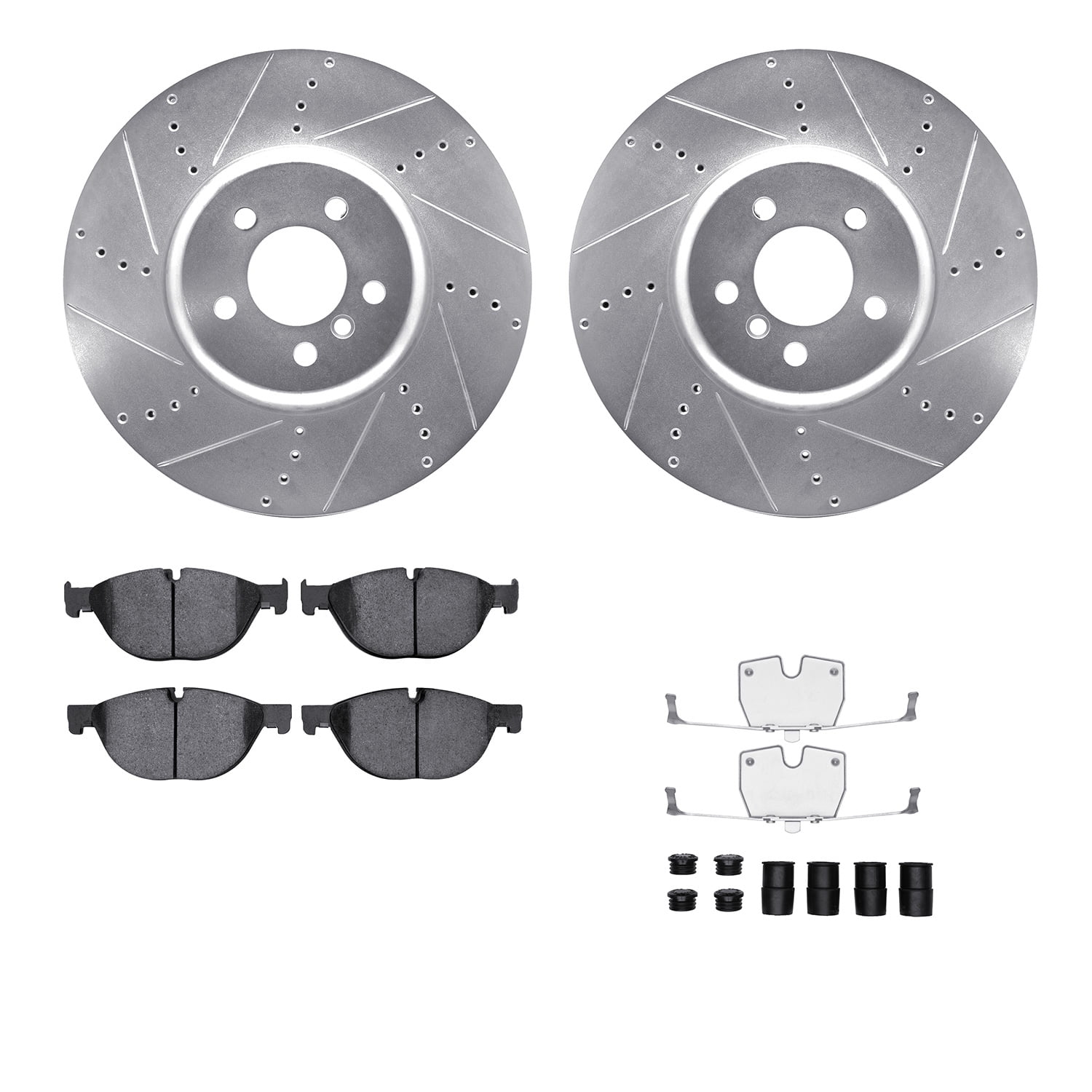 Dynamic Friction Company Front Brake Rotors-Drilled and Slotted-Silver with 5000 Advanced Brake Pads includes Hardware 7512-31098