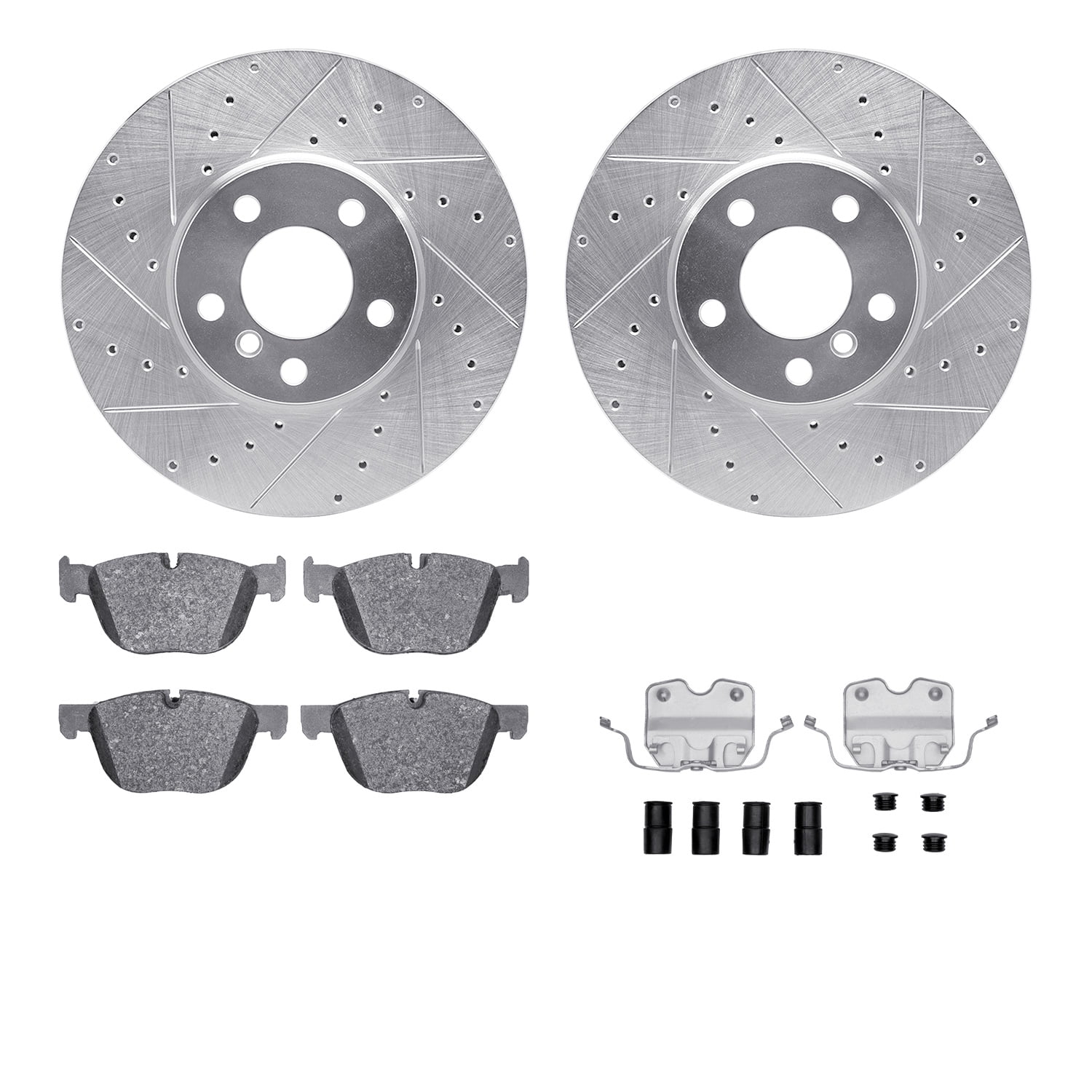 Dynamic Friction Company Front Brake Rotors-Drilled and Slotted-Silver with 5000 Advanced Brake Pads includes Hardware 7512-31142