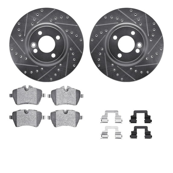 Dynamic Friction Company Front Brake Rotors-Drilled and Slotted-Silver with 5000 Advanced Brake Pads includes Hardware 7512-32000