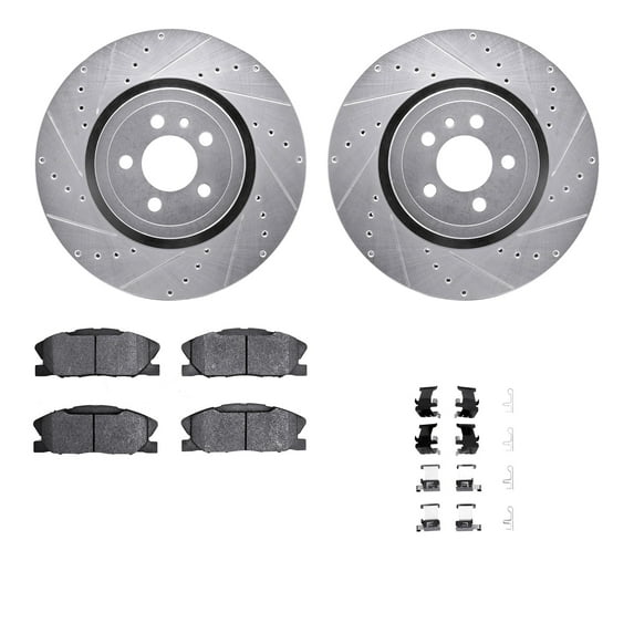 Dynamic Friction Company Front Brake Rotors-Drilled and Slotted-Silver with 5000 Advanced Brake Pads includes Hardware 7512-40030