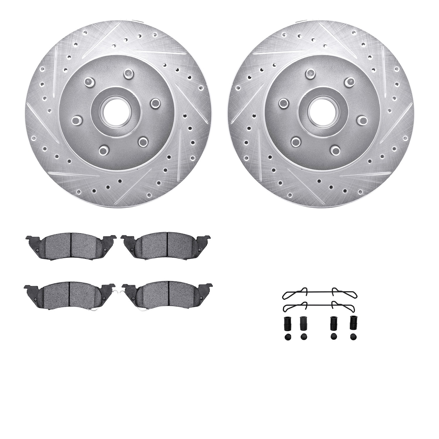 Dynamic Friction Company Front Brake Rotors-Drilled and Slotted-Silver with 5000 Advanced Brake Pads includes Hardware 7512-40055