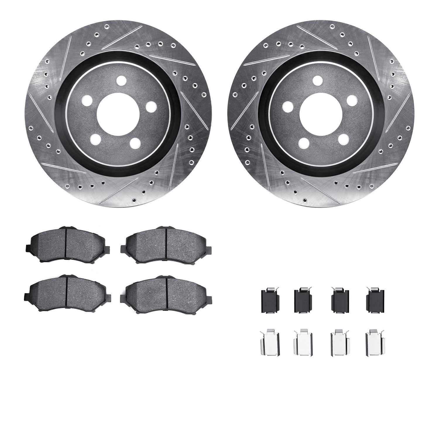 Dynamic Friction Company Front Brake Rotors-Drilled and Slotted-Silver with 5000 Advanced Brake Pads includes Hardware 7512-42147