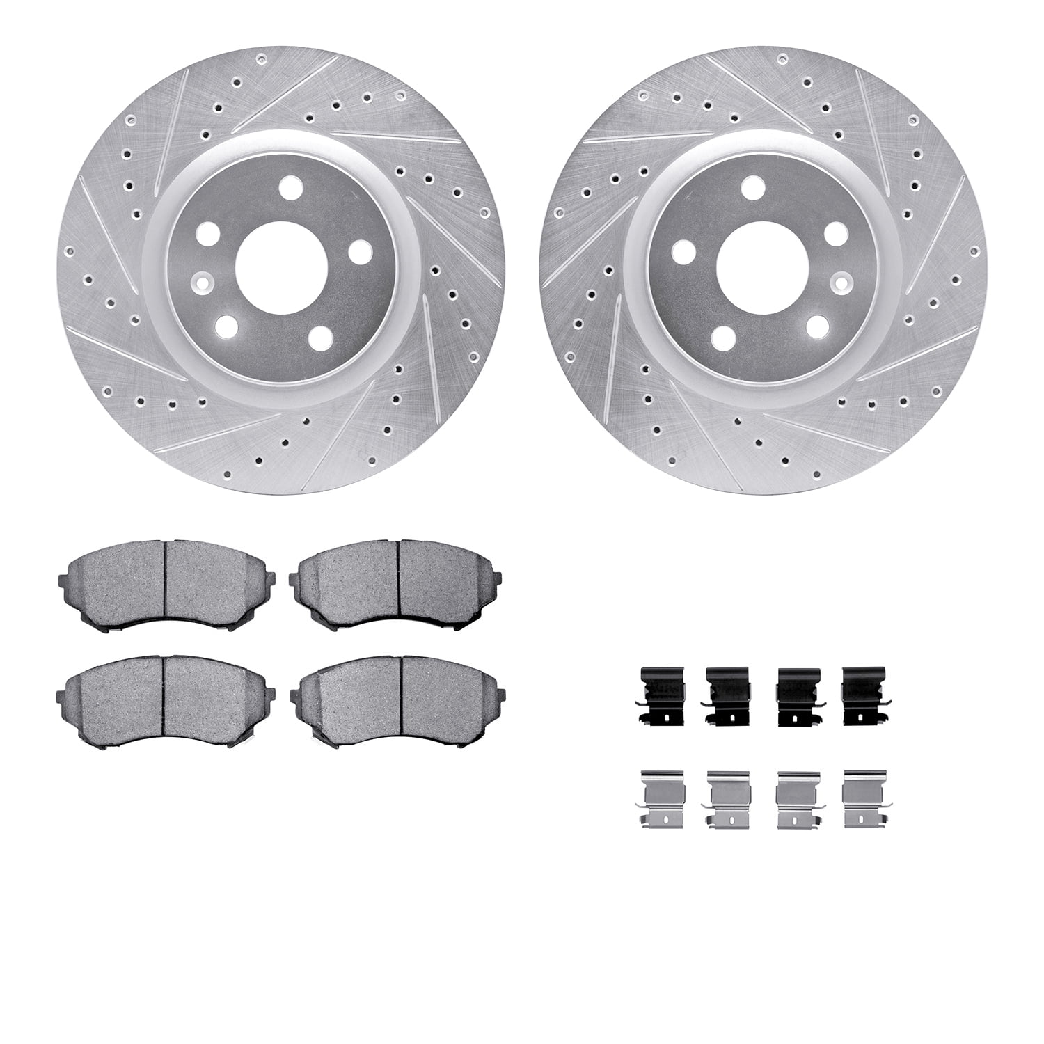 Dynamic Friction Company Front Brake Rotors-Drilled and Slotted-Silver with 5000 Advanced Brake Pads includes Hardware 7512-46021
