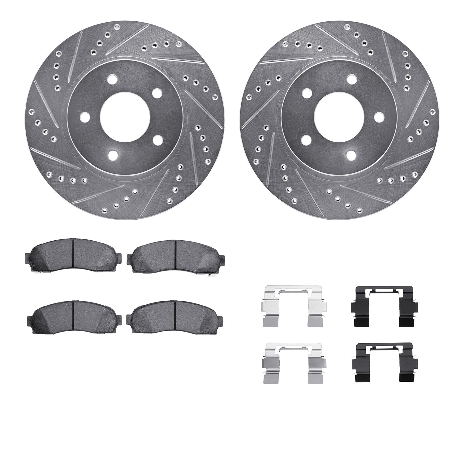 Dynamic Friction Company Front Brake Rotors-Drilled and Slotted-Silver with 5000 Advanced Brake Pads includes Hardware 7512-47046