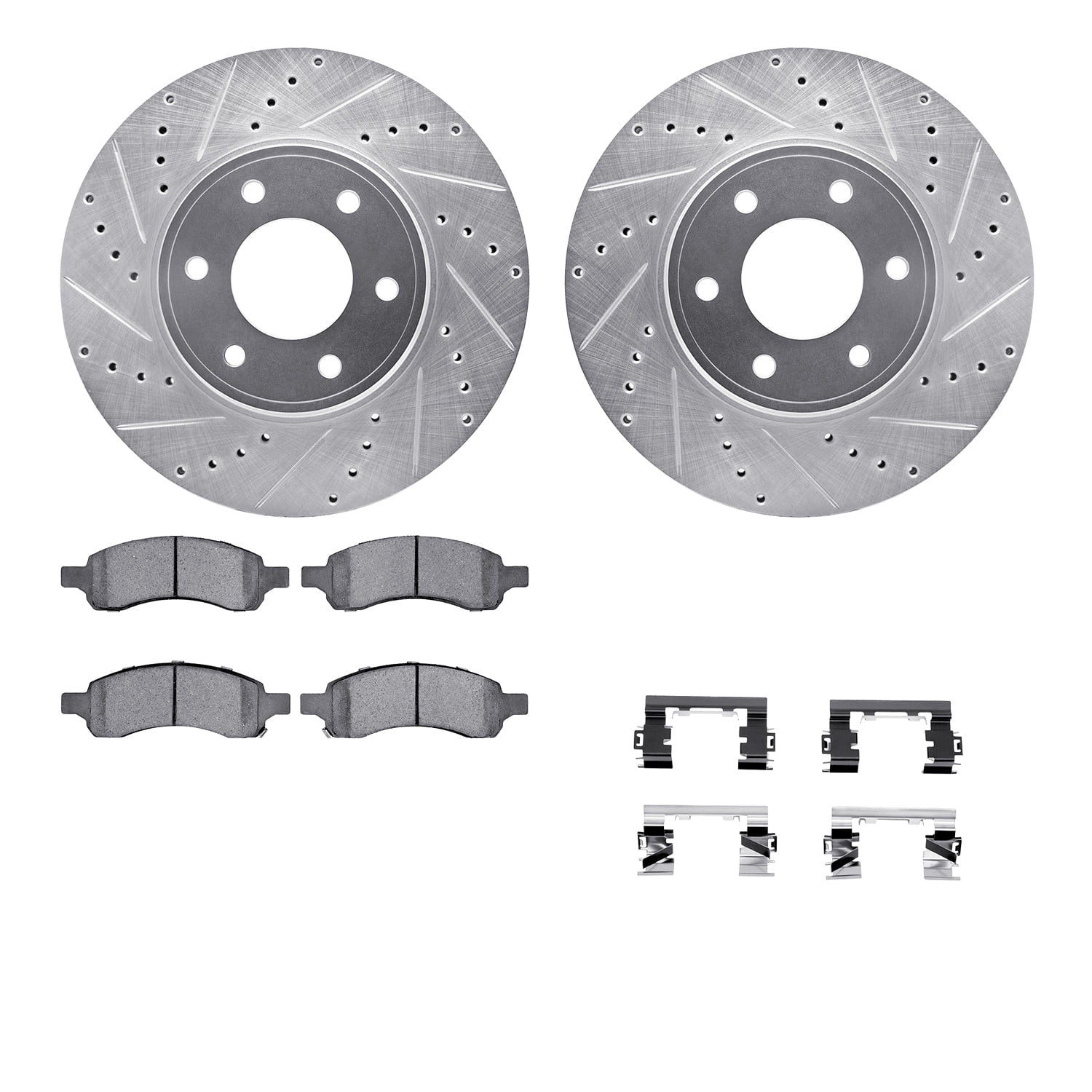 Dynamic Friction Company Front Brake Rotors-Drilled and Slotted-Silver with 5000 Advanced Brake Pads includes Hardware 7512-47057