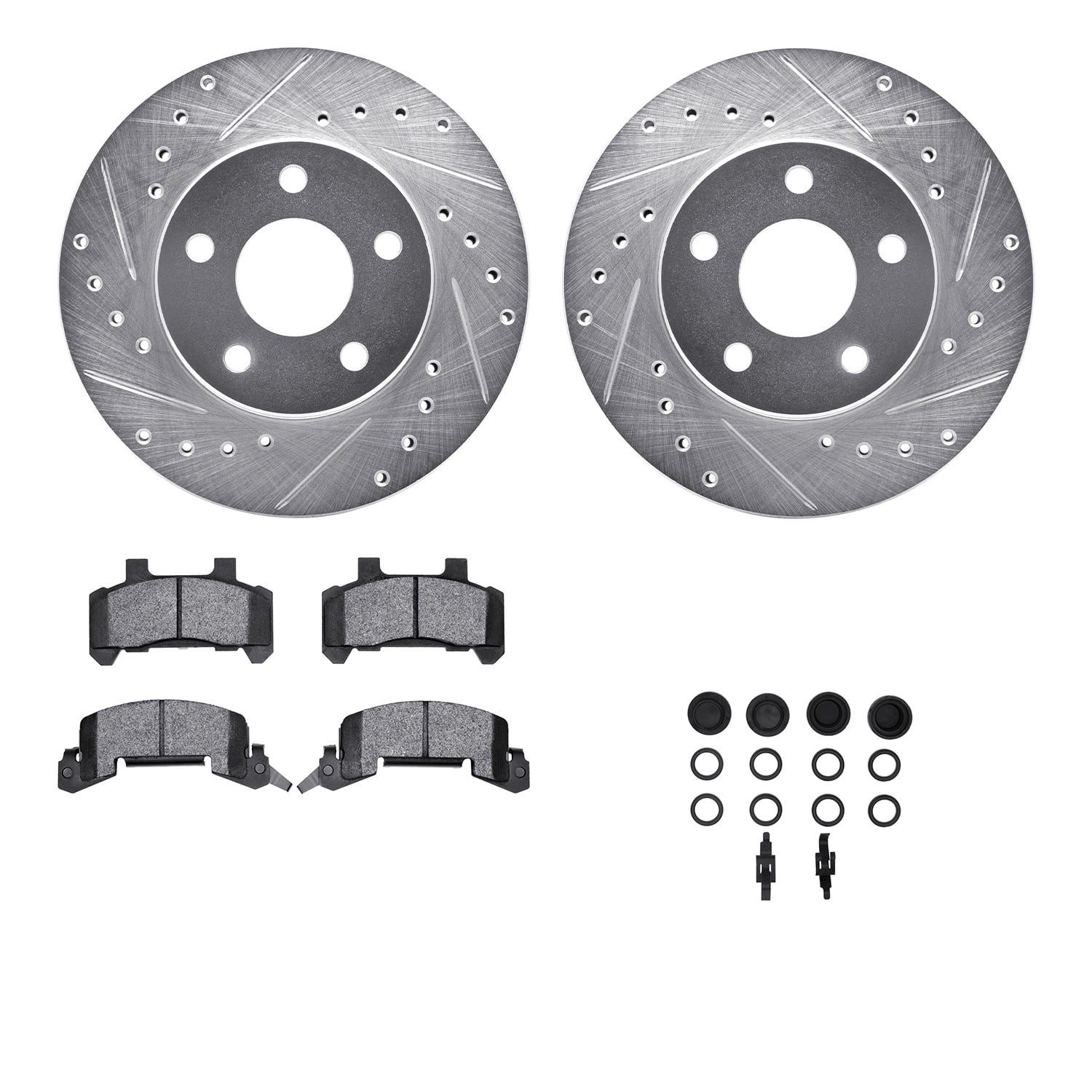 Dynamic Friction Company Front Brake Rotors-Drilled and Slotted-Silver with 5000 Advanced Brake Pads includes Hardware 7512-47064