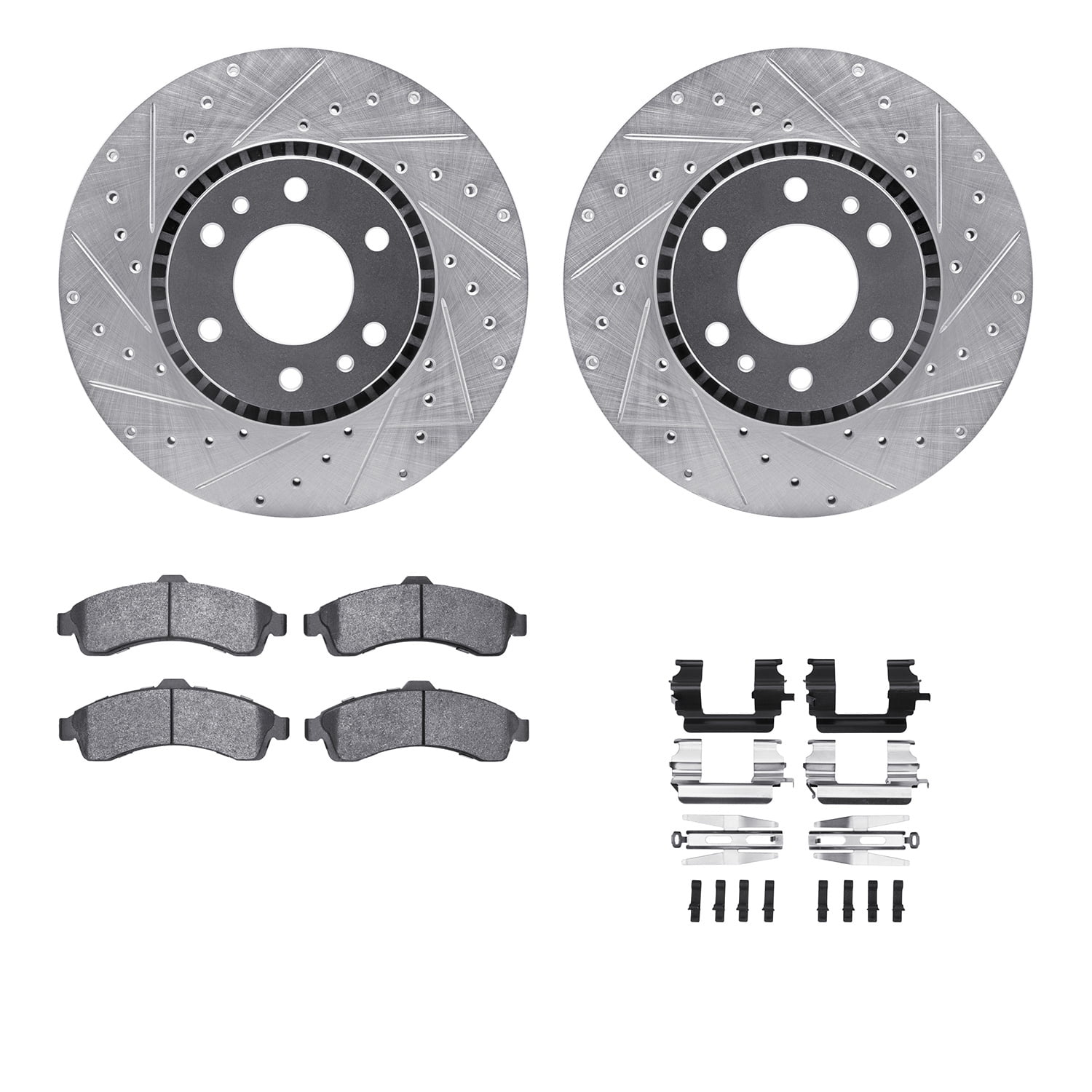Dynamic Friction Company Front Brake Rotors-Drilled and Slotted-Silver with 5000 Advanced Brake Pads includes Hardware 7512-48047