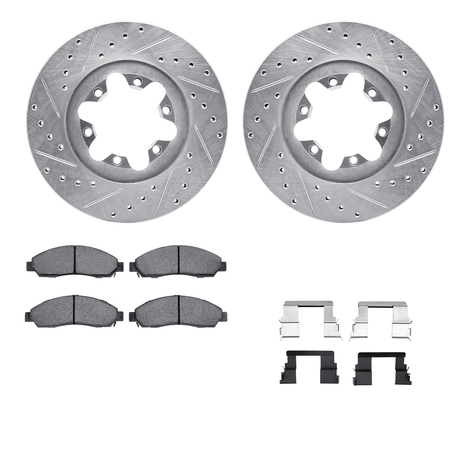 Dynamic Friction Company Front Brake Rotors-Drilled and Slotted-Silver with 5000 Advanced Brake Pads includes Hardware 7512-48056