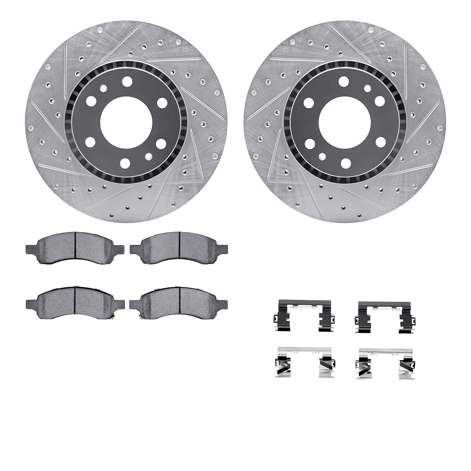 Dynamic Friction Company Front Brake Rotors-Drilled and Slotted-Silver with 5000 Advanced Brake Pads includes Hardware 7512-48058