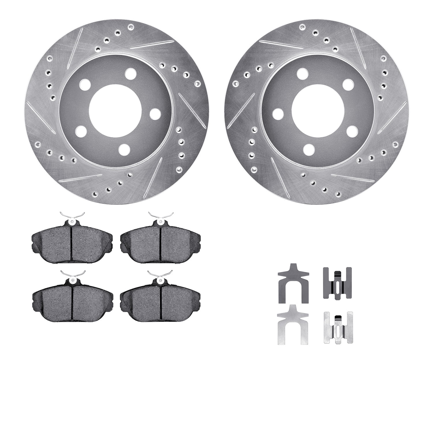 Dynamic Friction Company Front Brake Rotors-Drilled and Slotted-Silver with 5000 Advanced Brake Pads includes Hardware 7512-54008
