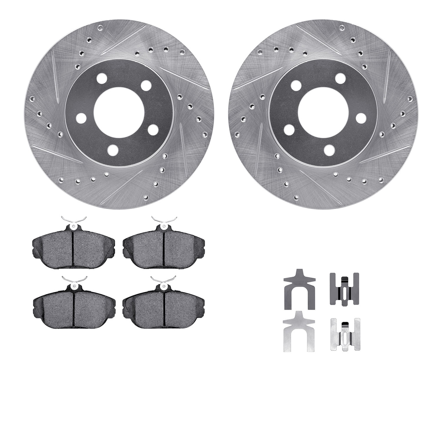 Dynamic Friction Company Front Brake Rotors-Drilled and Slotted-Silver with 5000 Advanced Brake Pads includes Hardware 7512-54014