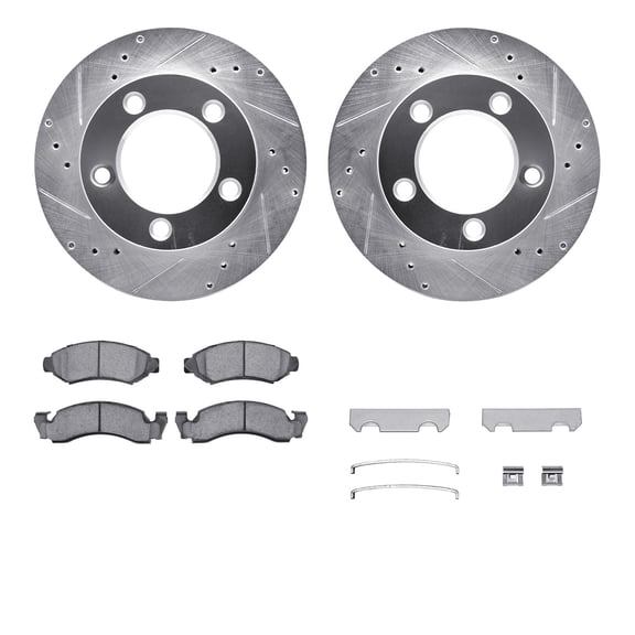Dynamic Friction Company Front Brake Rotors-Drilled and Slotted-Silver with 5000 Advanced Brake Pads includes Hardware 7512-54020