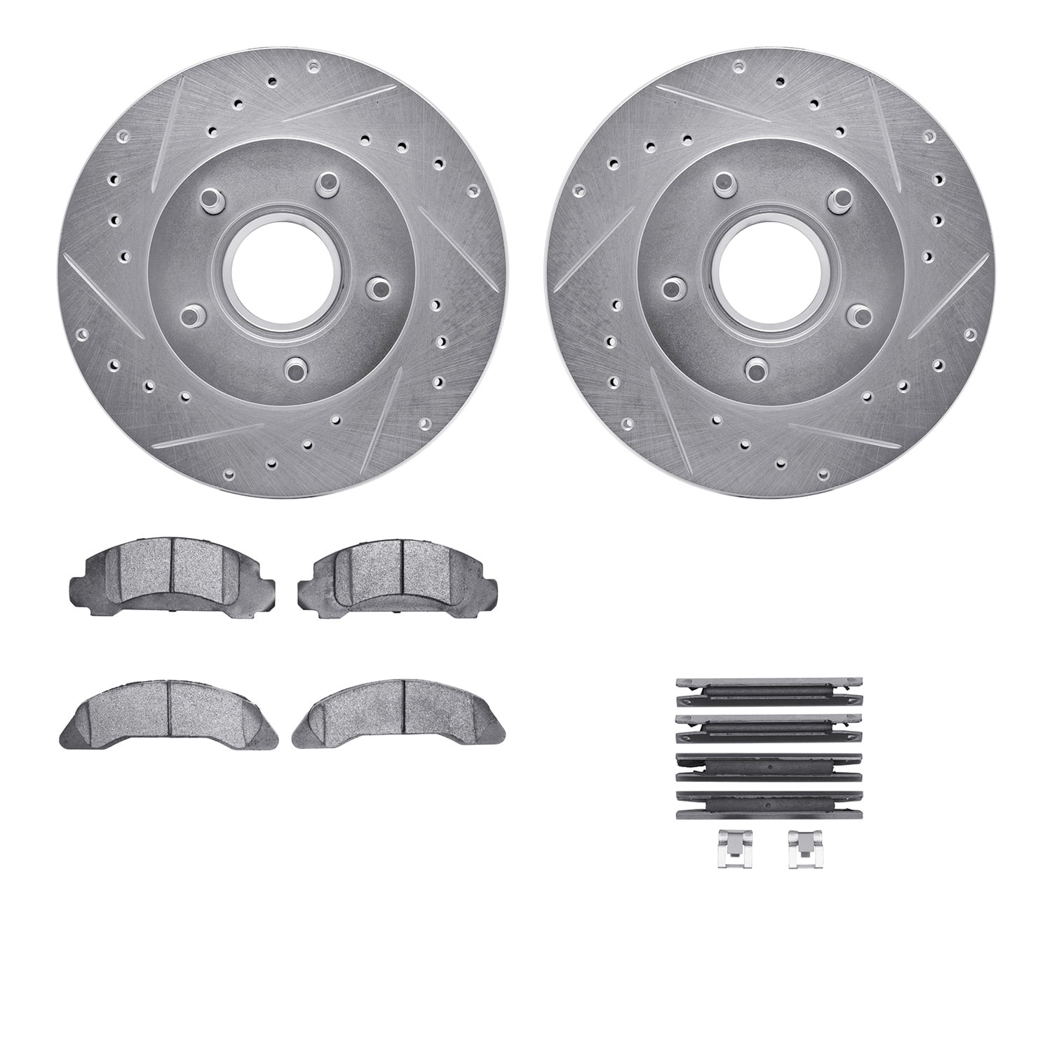Dynamic Friction Company Front Brake Rotors-Drilled and Slotted-Silver with 5000 Advanced Brake Pads includes Hardware 7512-54047