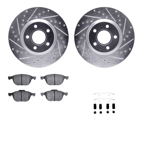 Dynamic Friction Company Front Brake Rotors-Drilled and Slotted-Silver with 5000 Advanced Brake Pads includes Hardware 7512-54075