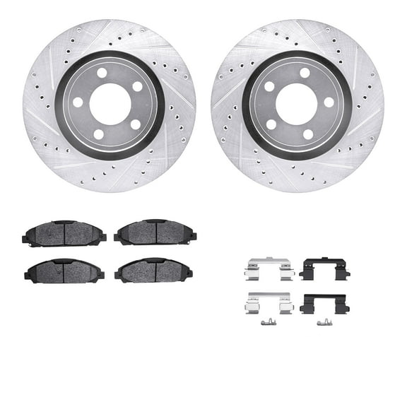 Dynamic Friction Company Front Brake Rotors-Drilled and Slotted-Silver with 5000 Advanced Brake Pads includes Hardware 7512-54083