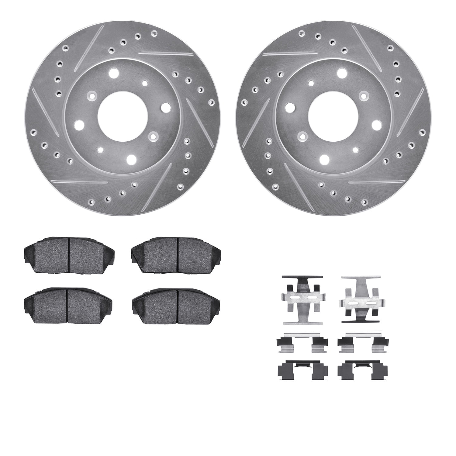 Dynamic Friction Company Front Brake Rotors-Drilled and Slotted-Silver with 5000 Advanced Brake Pads includes Hardware 7512-58001