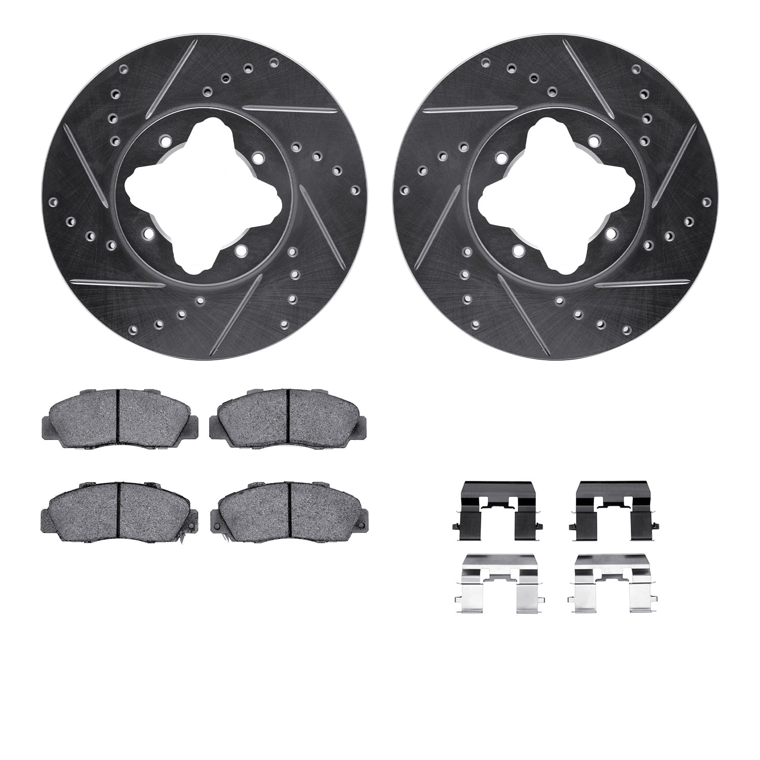 Dynamic Friction Company Front Brake Rotors-Drilled and Slotted-Silver with 5000 Advanced Brake Pads includes Hardware 7512-58005