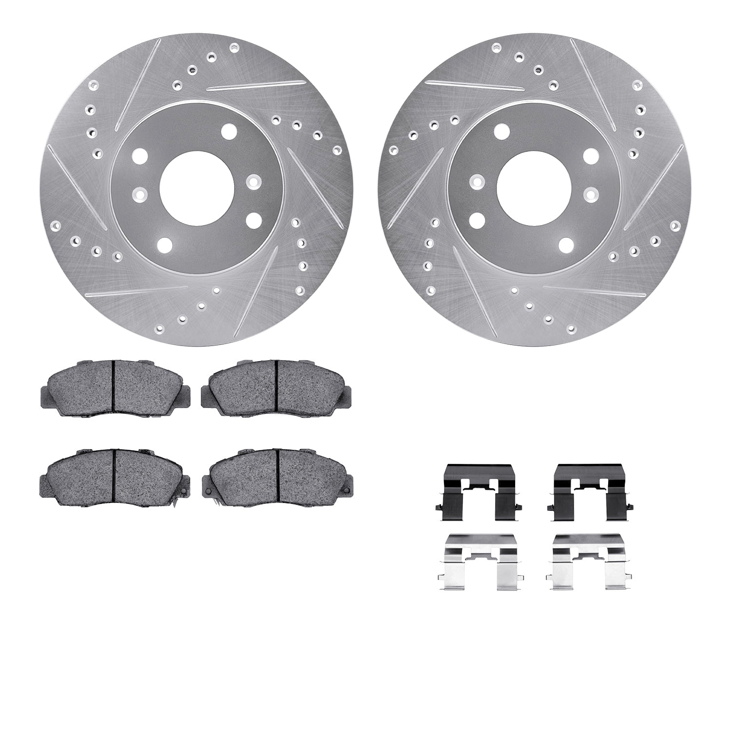 Dynamic Friction Company Front Brake Rotors-Drilled and Slotted-Silver with 5000 Advanced Brake Pads includes Hardware 7512-58009