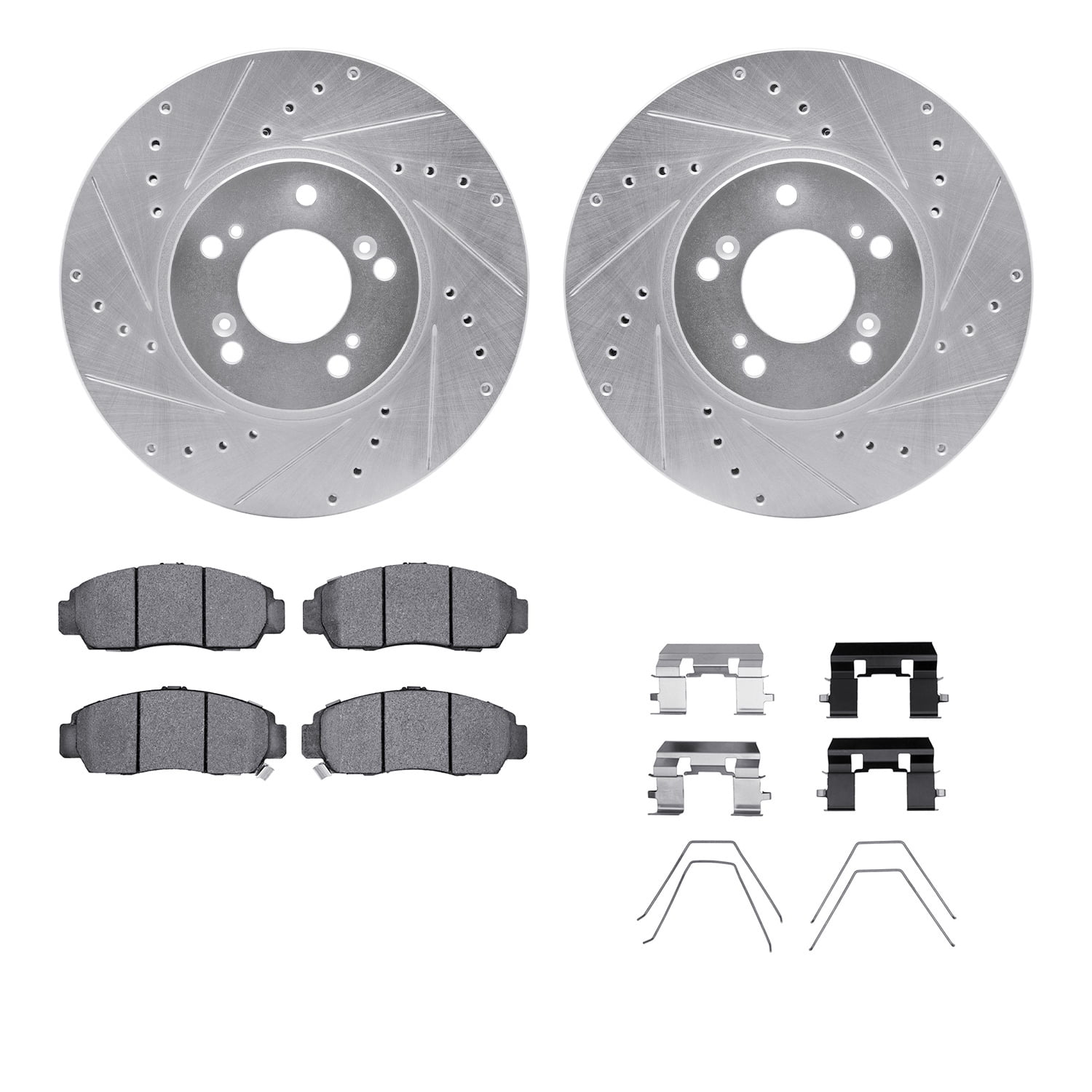 Dynamic Friction Company Front Brake Rotors-Drilled and Slotted-Silver with 5000 Advanced Brake Pads includes Hardware 7512-58015