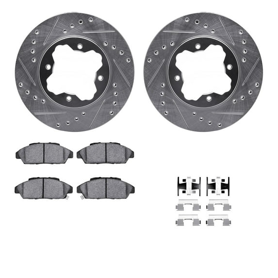Dynamic Friction Company Front Brake Rotors-Drilled and Slotted-Silver with 5000 Advanced Brake Pads includes Hardware 7512-59019