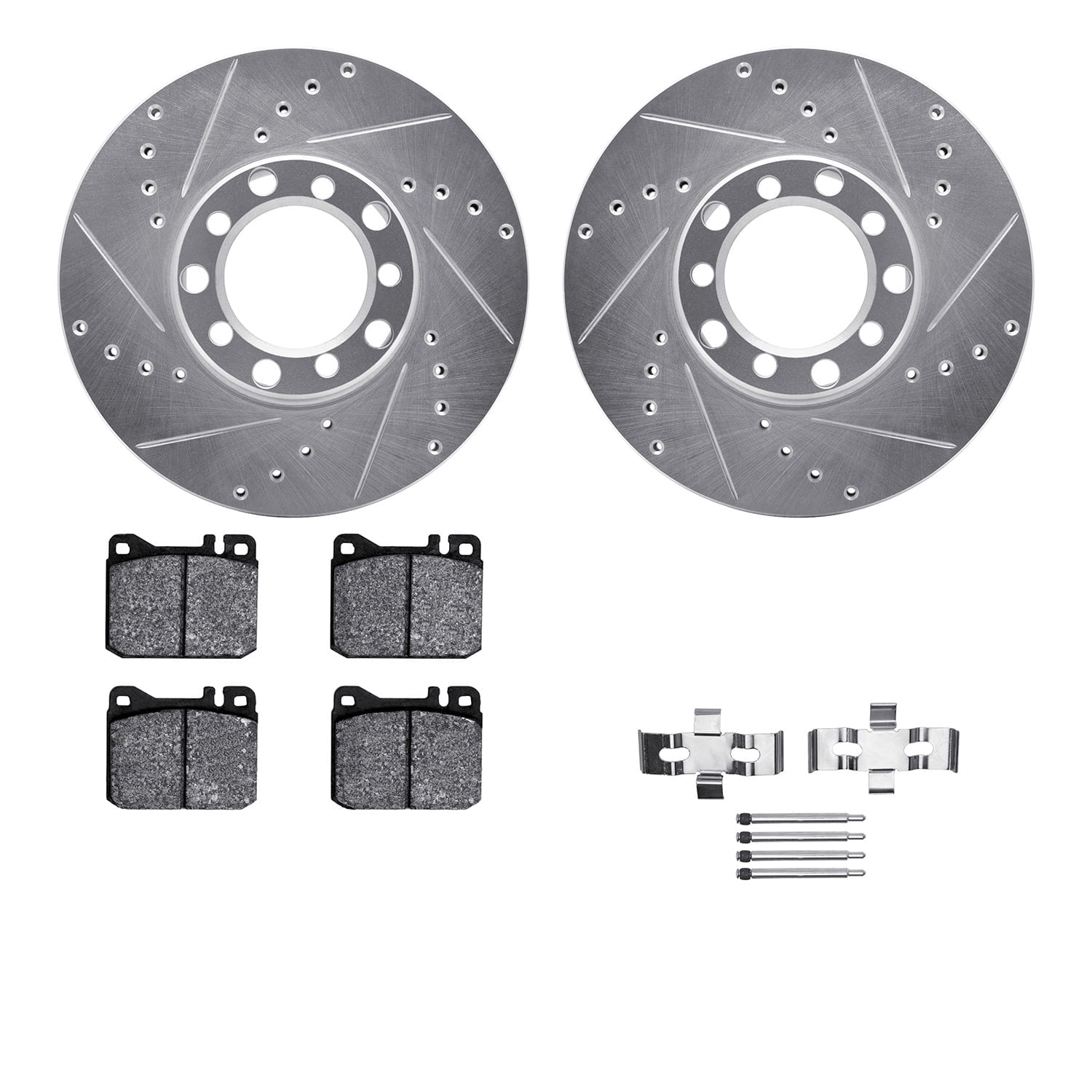 Dynamic Friction Company Front Brake Rotors-Drilled and Slotted-Silver with 5000 Advanced Brake Pads includes Hardware 7512-63018