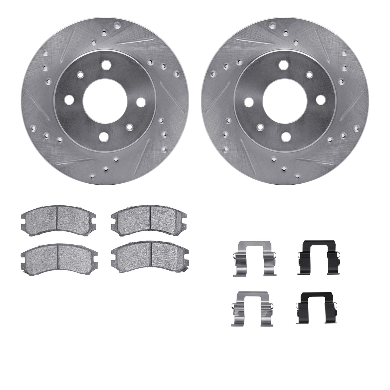 Dynamic Friction Company Front Brake Rotors-Drilled and Slotted-Silver with 5000 Advanced Brake Pads includes Hardware 7512-67093