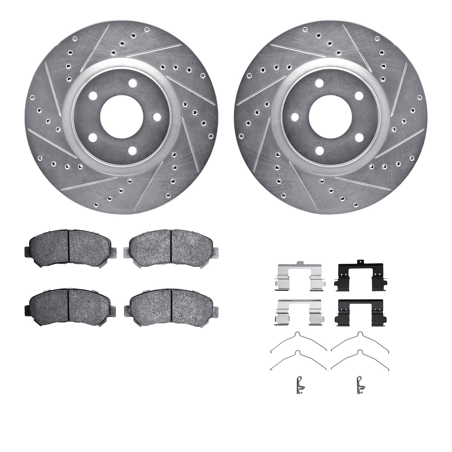 Dynamic Friction Company Front Brake Rotors-Drilled and Slotted-Silver with 5000 Advanced Brake Pads includes Hardware 7512-67117