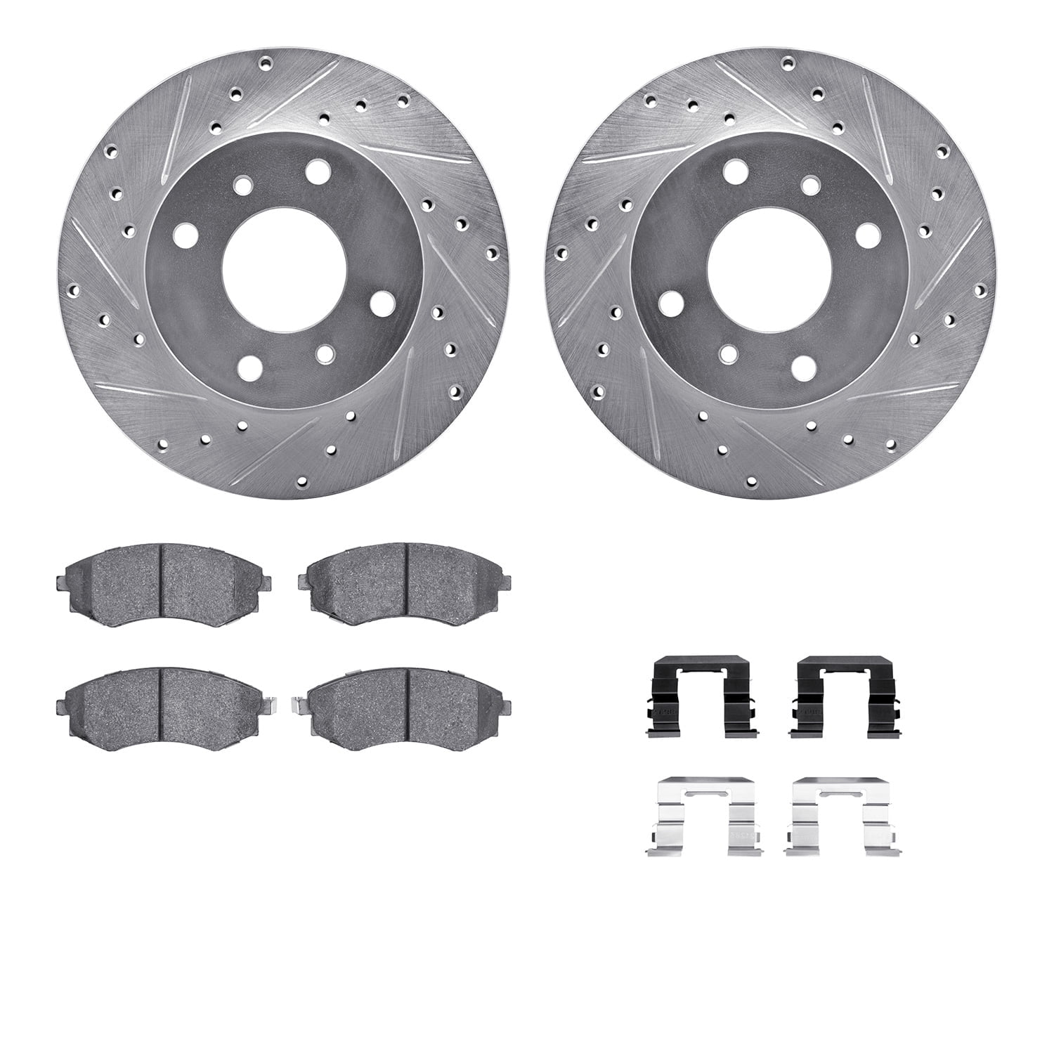 Dynamic Friction Company Front Brake Rotors-Drilled and Slotted-Silver with 5000 Advanced Brake Pads includes Hardware 7512-67224