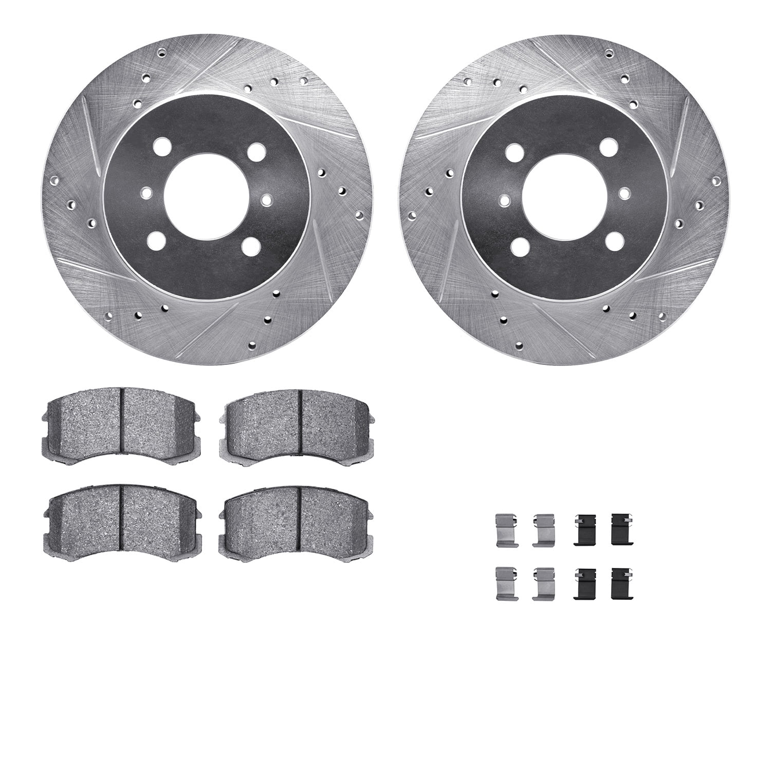 Dynamic Friction Company Front Brake Rotors-Drilled and Slotted-Silver with 5000 Advanced Brake Pads includes Hardware 7512-72055