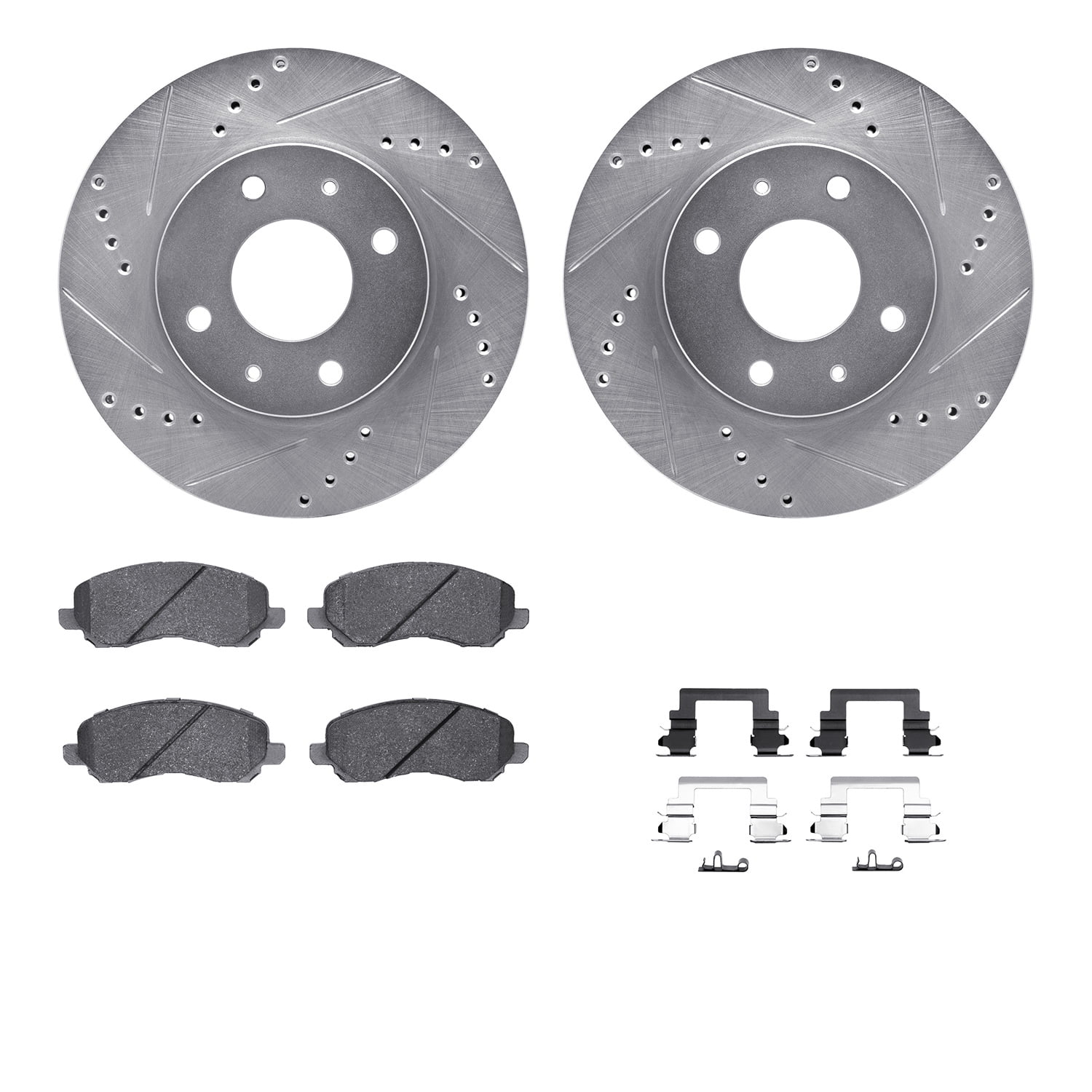 Dynamic Friction Company Front Brake Rotors-Drilled and Slotted-Silver with 5000 Advanced Brake Pads includes Hardware 7512-72063