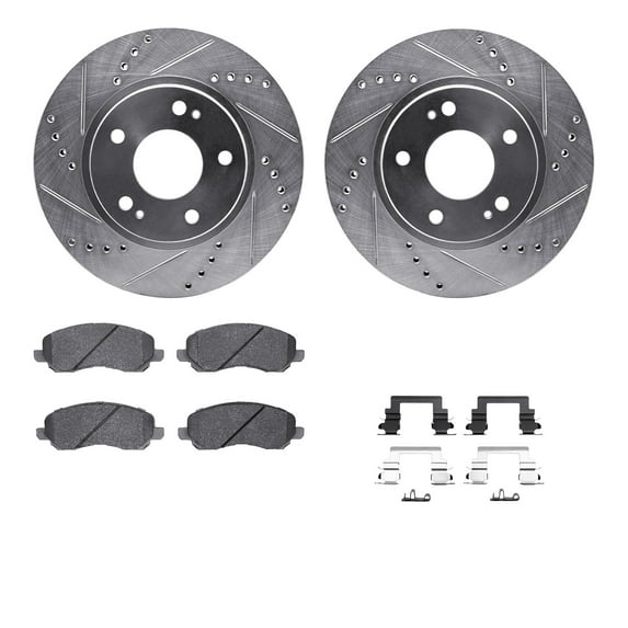 Dynamic Friction Company Front Brake Rotors-Drilled and Slotted-Silver with 5000 Advanced Brake Pads includes Hardware 7512-72068