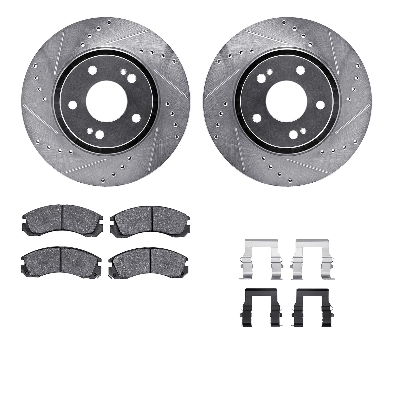 Dynamic Friction Company Front Brake Rotors-Drilled and Slotted-Silver with 5000 Advanced Brake Pads includes Hardware 7512-72069