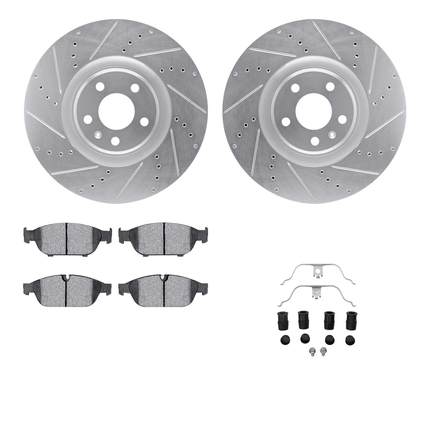 Dynamic Friction Company Front Brake Rotors-Drilled and Slotted-Silver with 5000 Advanced Brake Pads includes Hardware 7512-73082