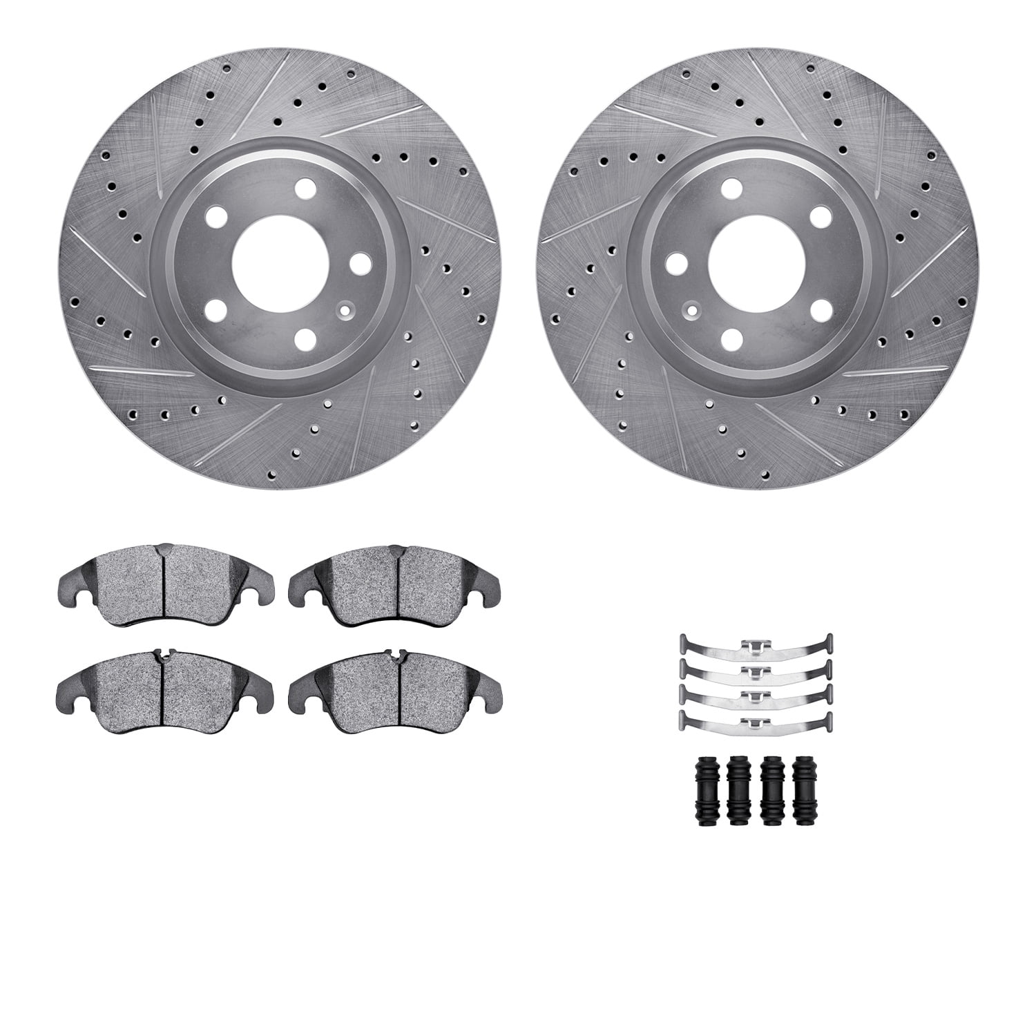 Dynamic Friction Company Front Brake Rotors-Drilled and Slotted-Silver with 5000 Advanced Brake Pads includes Hardware 7512-73087