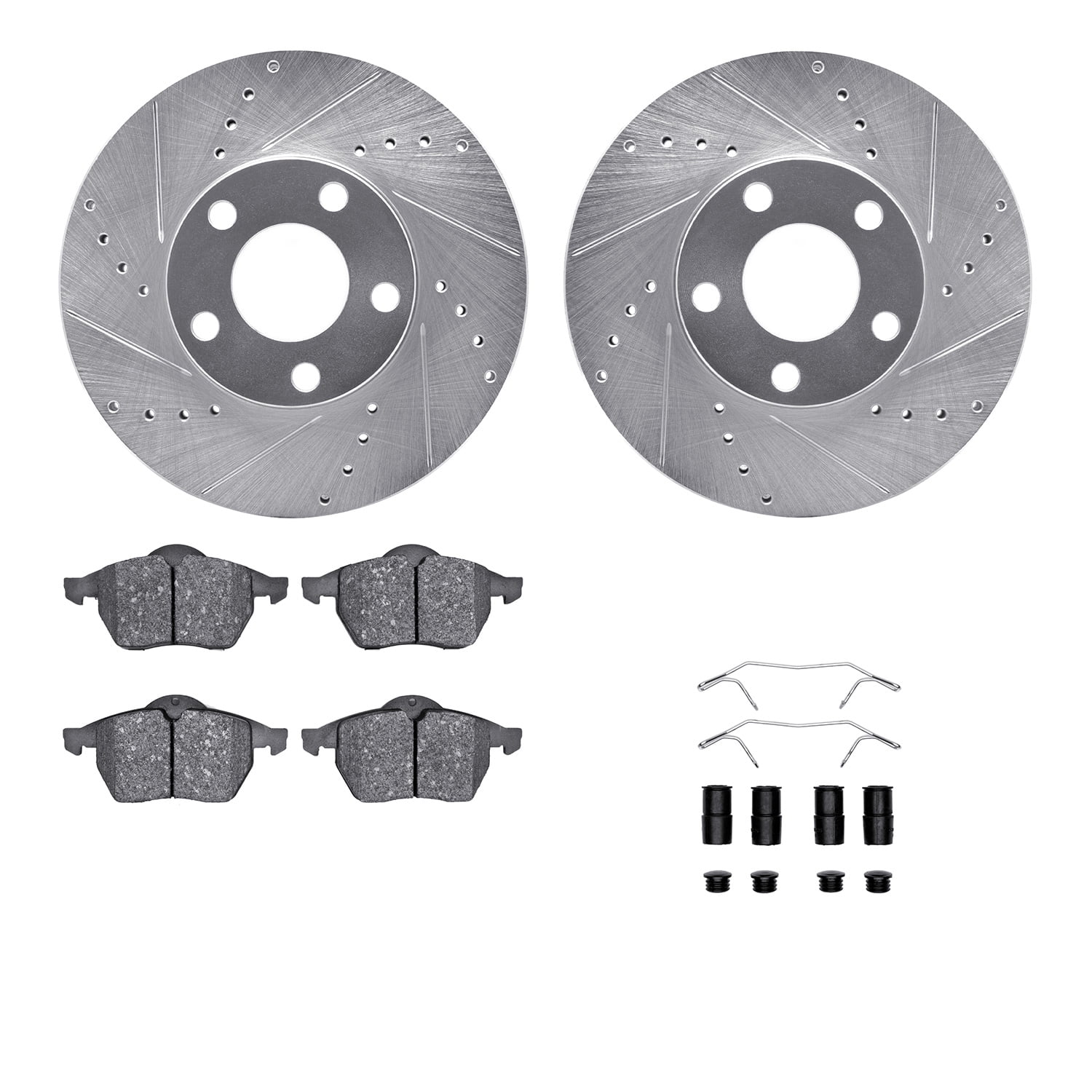 Dynamic Friction Company Front Brake Rotors-Drilled and Slotted-Silver with 5000 Advanced Brake Pads includes Hardware 7512-74029